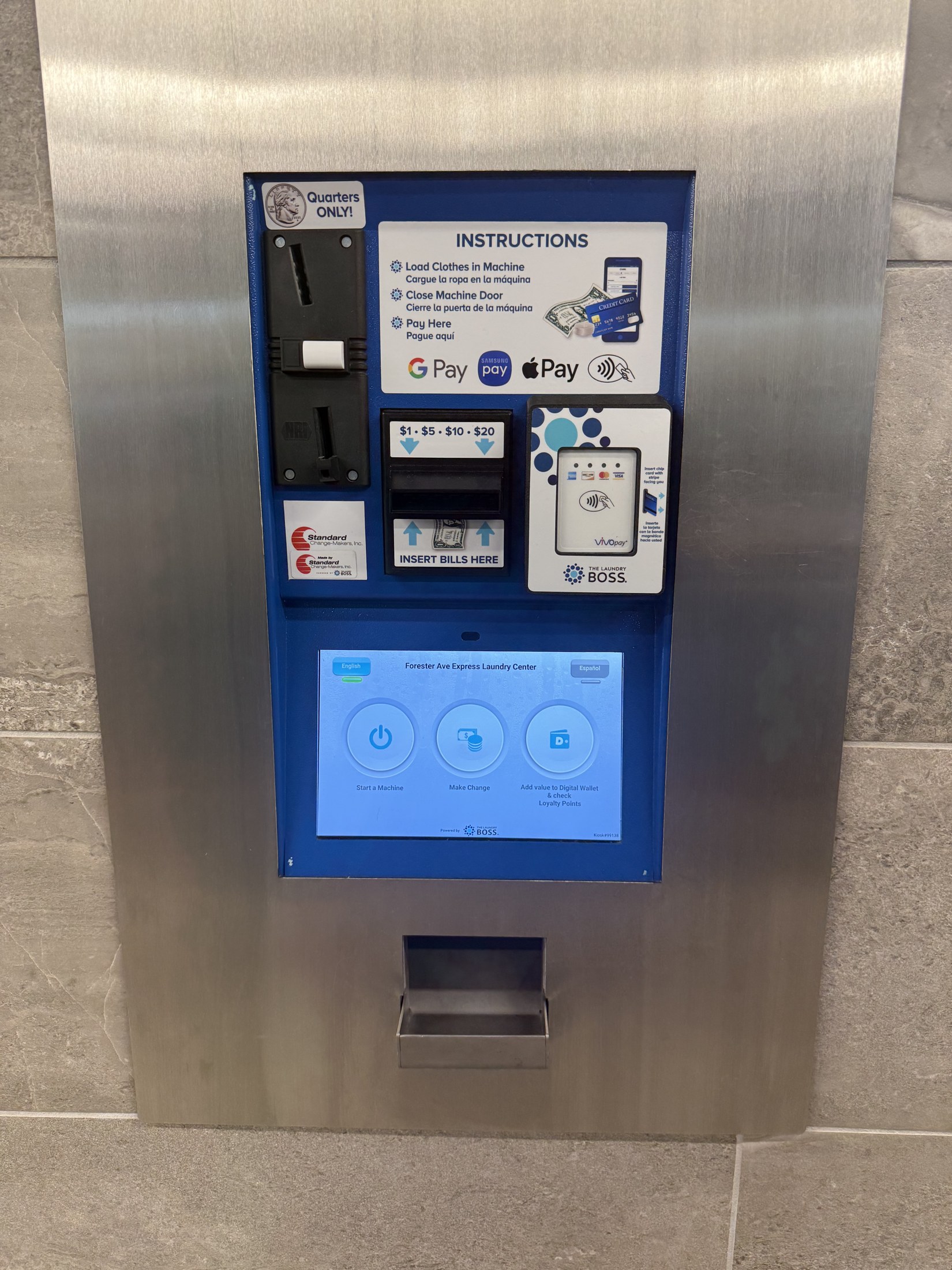 Express Laundry payment kiosk with Apple Pay and a contactless card reader